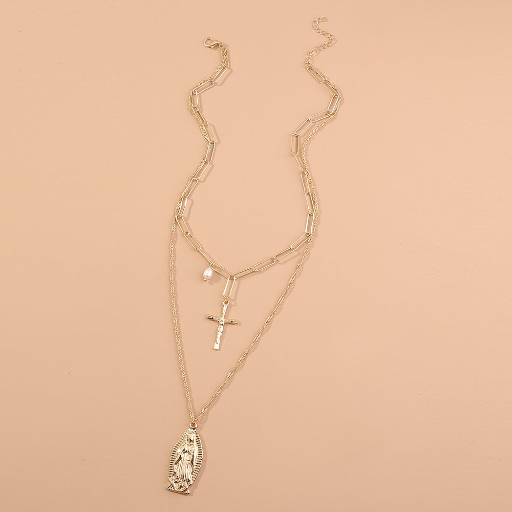 Religious Belief Cross Tag Natural Freshwater Pearl Multilayer Necklace