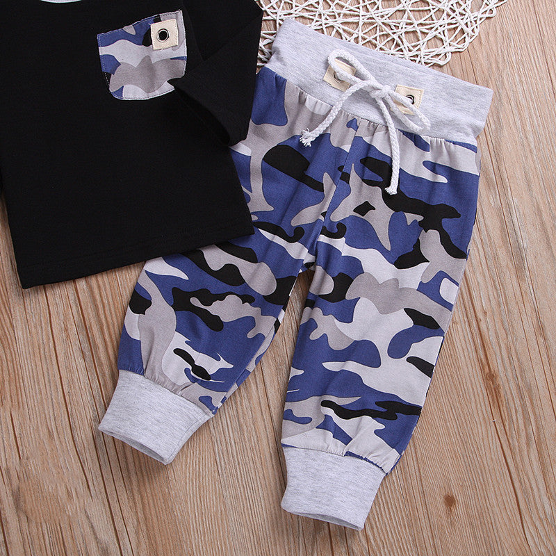 Three-Piece Children's Long-Sleeved Solid Color T-Shirt Camouflage Trousers Hat