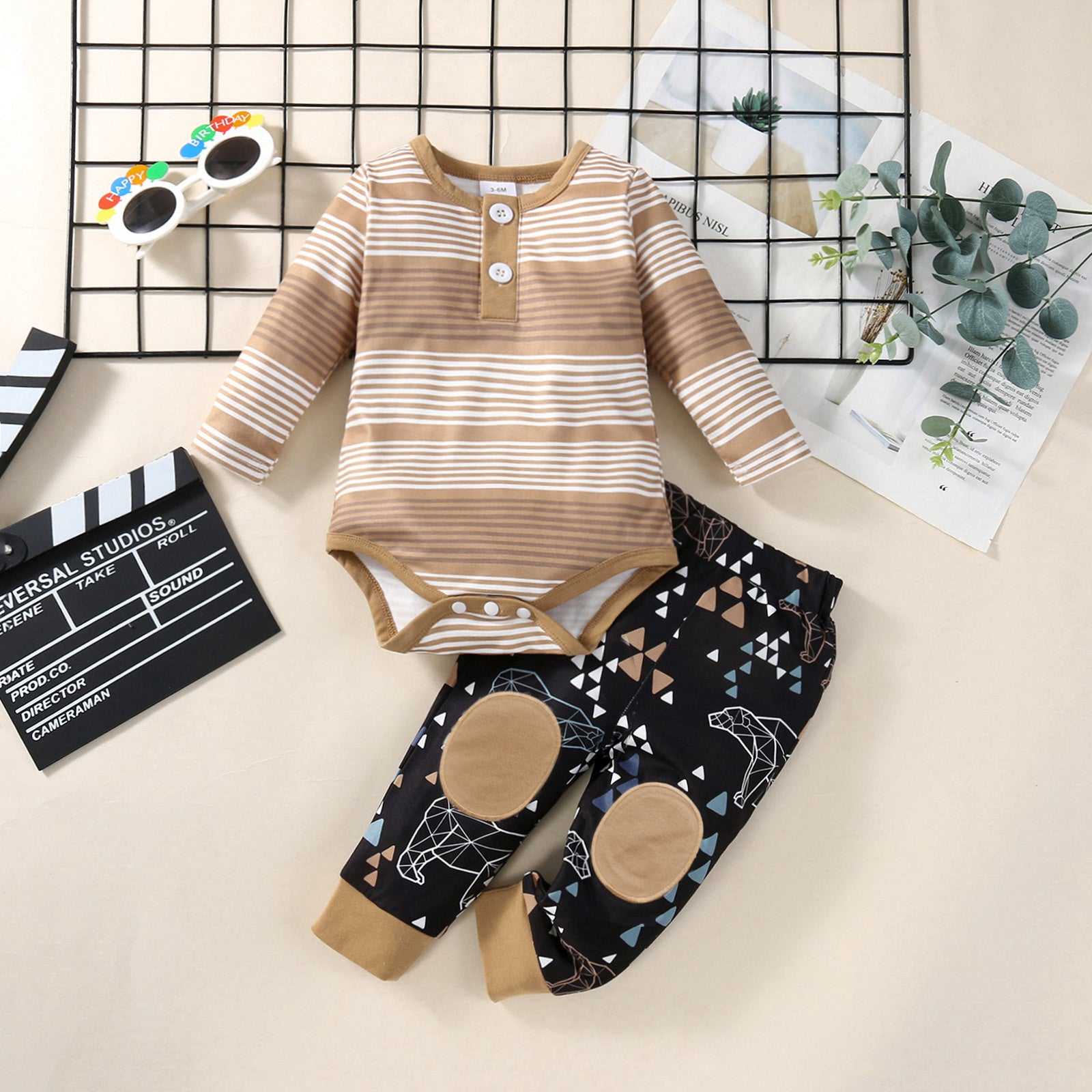 New Children's Long-sleeved Striped Romper Two-piece Suit