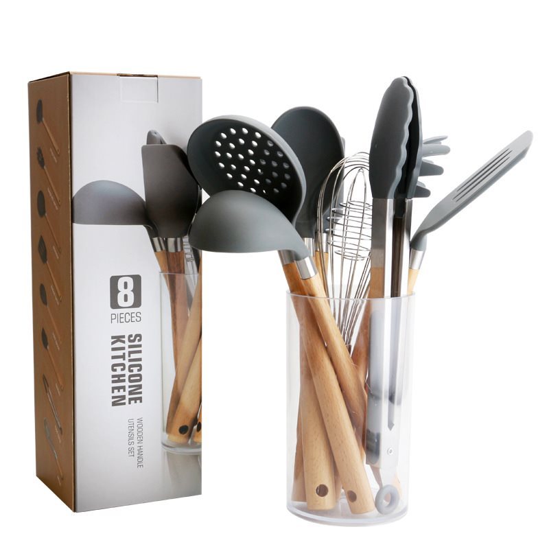 Vente directe d'ustensiles de cuisine en silicone à manche en bois et