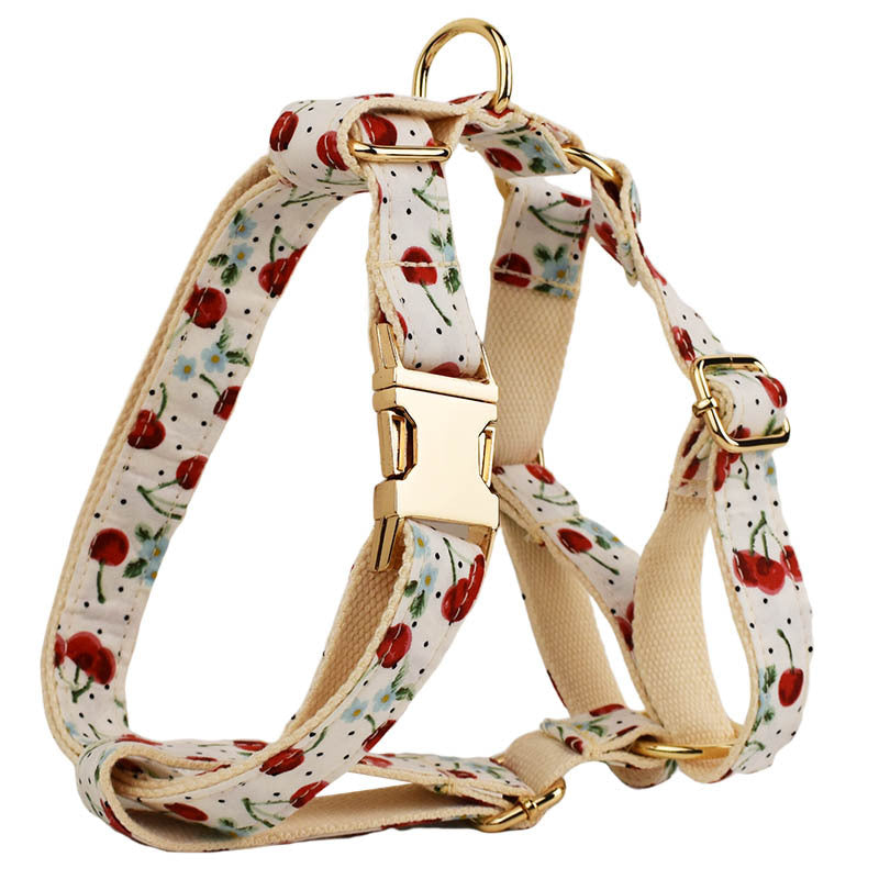 Collier pour animaux imprimé cerises rouges avec laisse, boucle à dégagement rapide dorée et nœud mignon