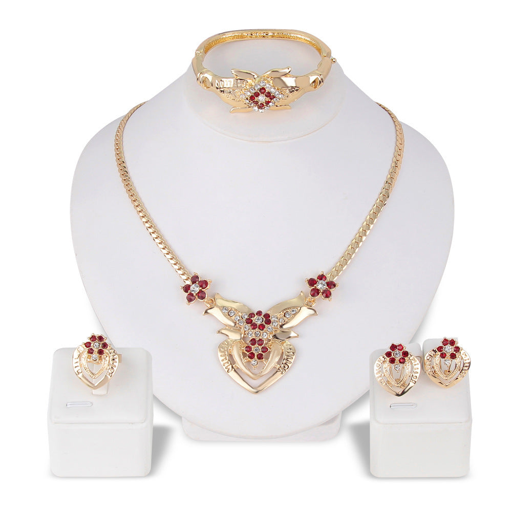 European And American Exaggerated Alloy Necklace And Earrings Ring Bracelet Four-piece Set