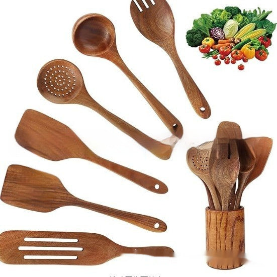 7-piece Wooden Spoon Spatula And Soup Spoon Kitchen Tableware Suit