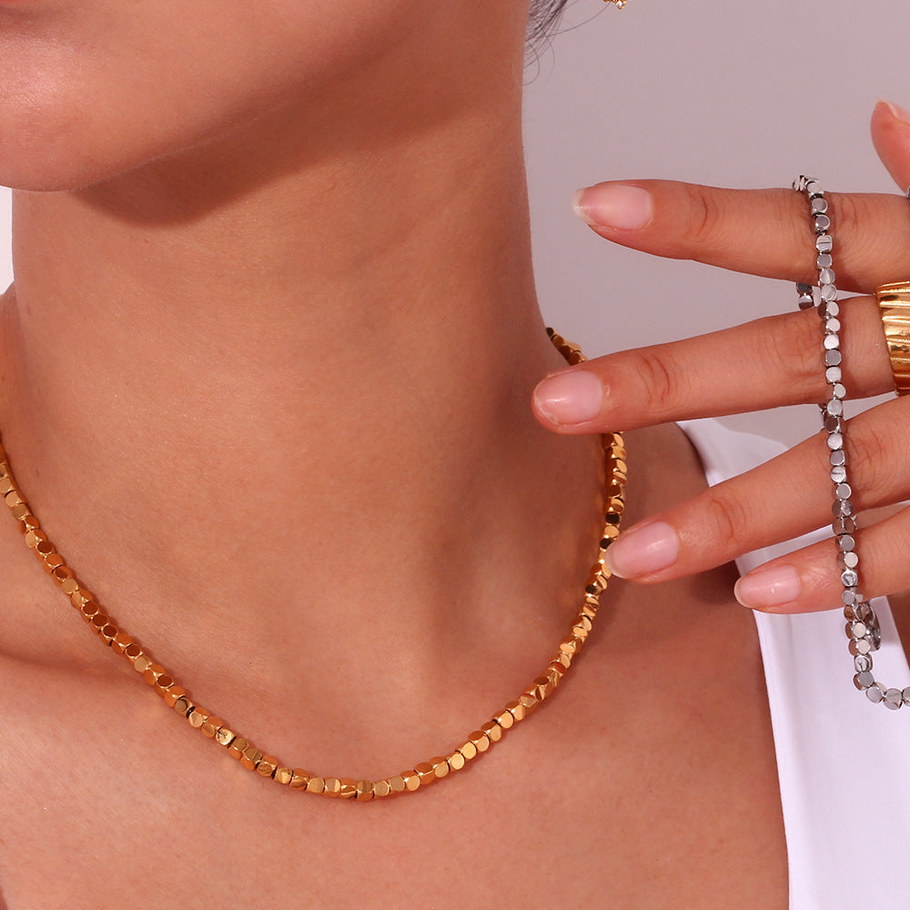 Simple Niche Personality Stainless Steel Cube Bead Necklace