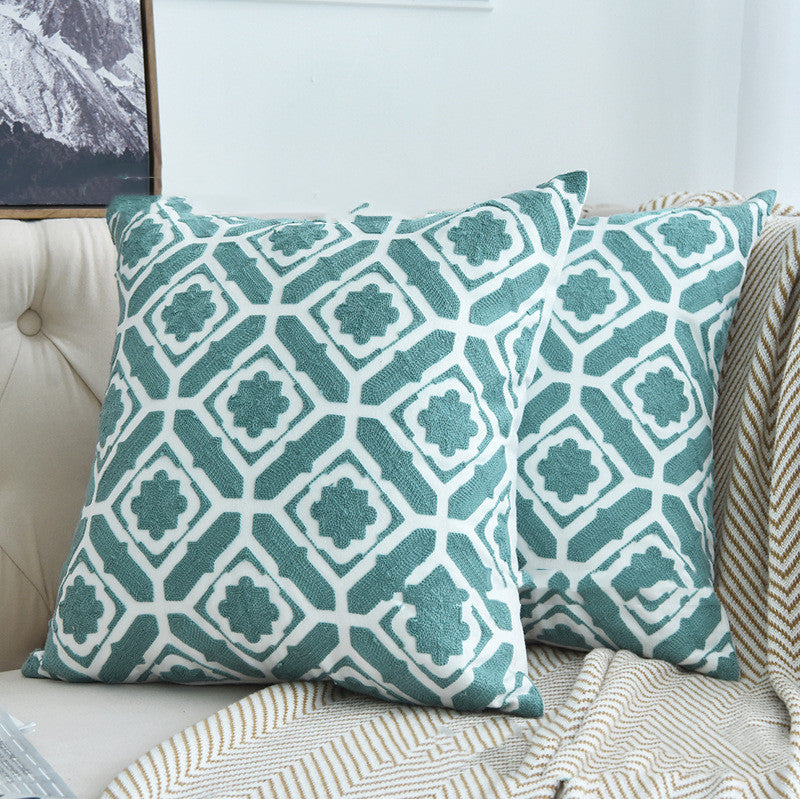 Lake Water Green Color Cotton Canvas Embroidery Geometric Wool Embroidery Sofa Pillow Cases