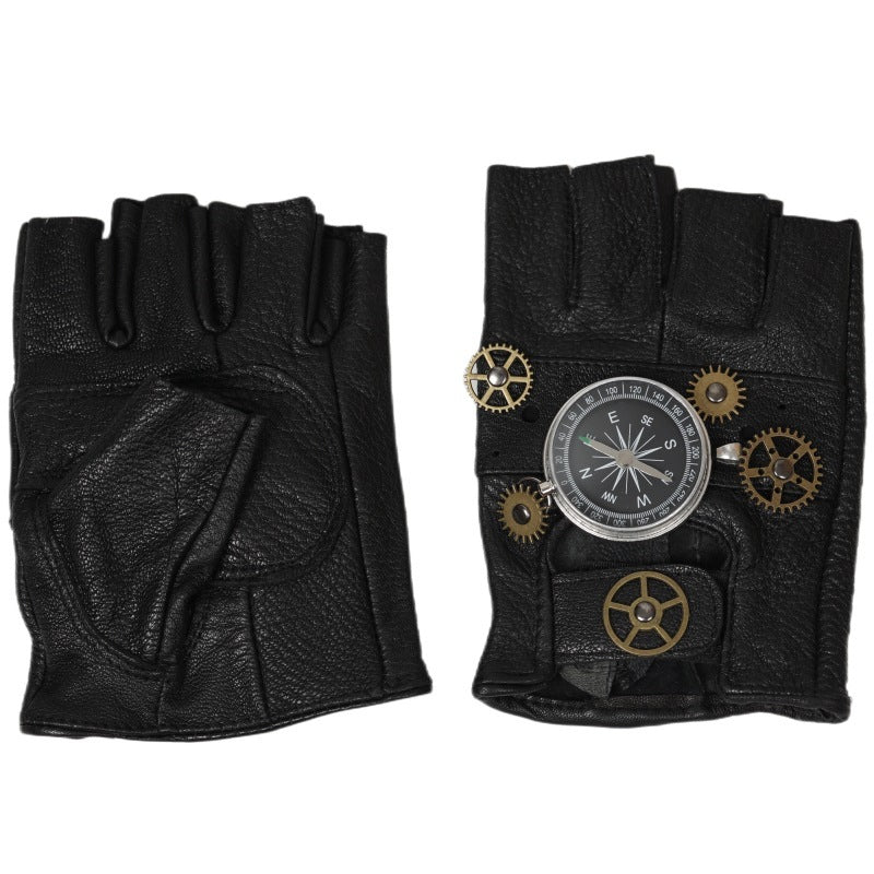 Gants Steampunk Européens Et Américains En Cuir Engrenage Demi-Doigt Boussole Rétro