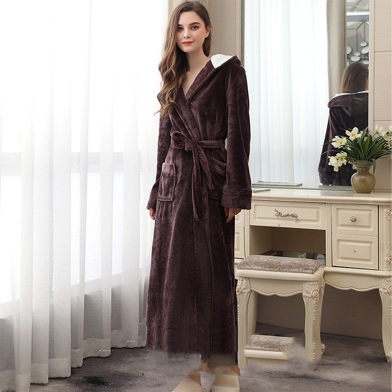 Autumn And Winter Lengthened And Thick Couple Flannel Hooded Nightgown
