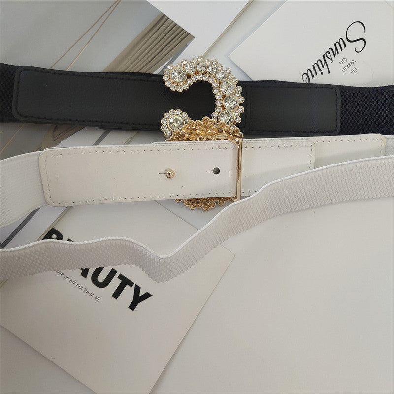 Semi Oval Diamond Inlaid Buckle Thin Waistband Female