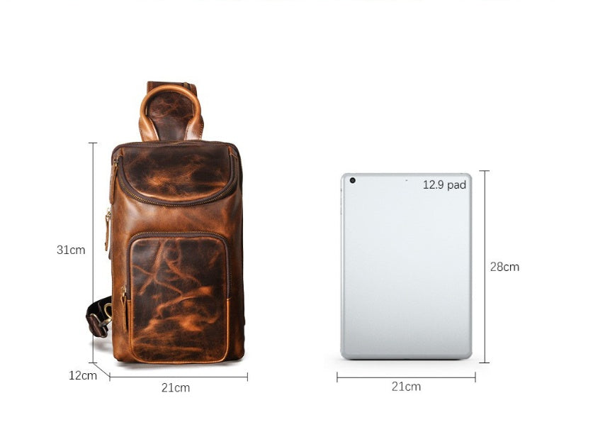 Sac de poitrine rétro pour homme en cuir de vachette « Crazy Horse »