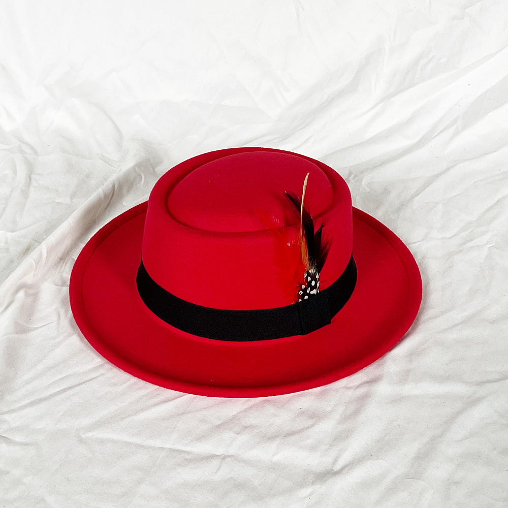 Feather Top Hat Small Flat Top Men's Felt Cap Old White Hat Top Hat