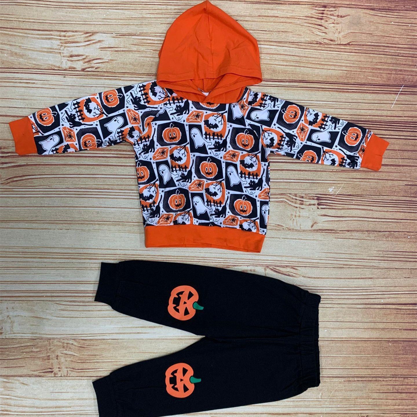Boys Fashion Pumpkin Letters Printed Hooded Sweatshirt Pants Set