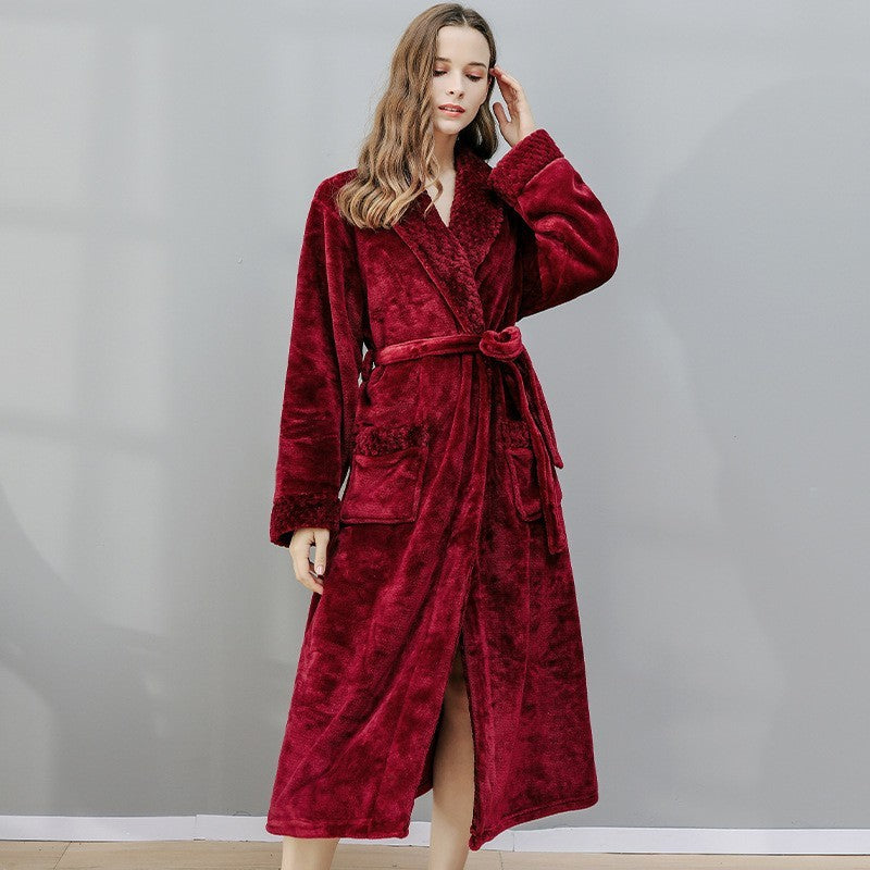 Long Coral Fleece Fleece-lined Thick Bathrobe Flannel Pajamas Homewear