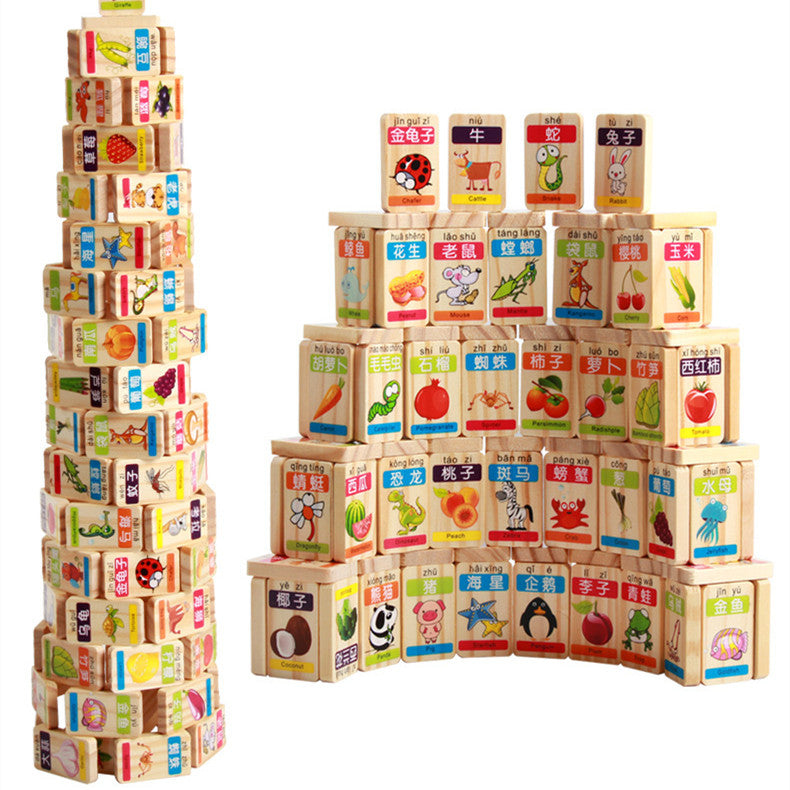 Dominos animaux et fruits recto-verso Jouets pour enfants Blocs de construction éducatifs