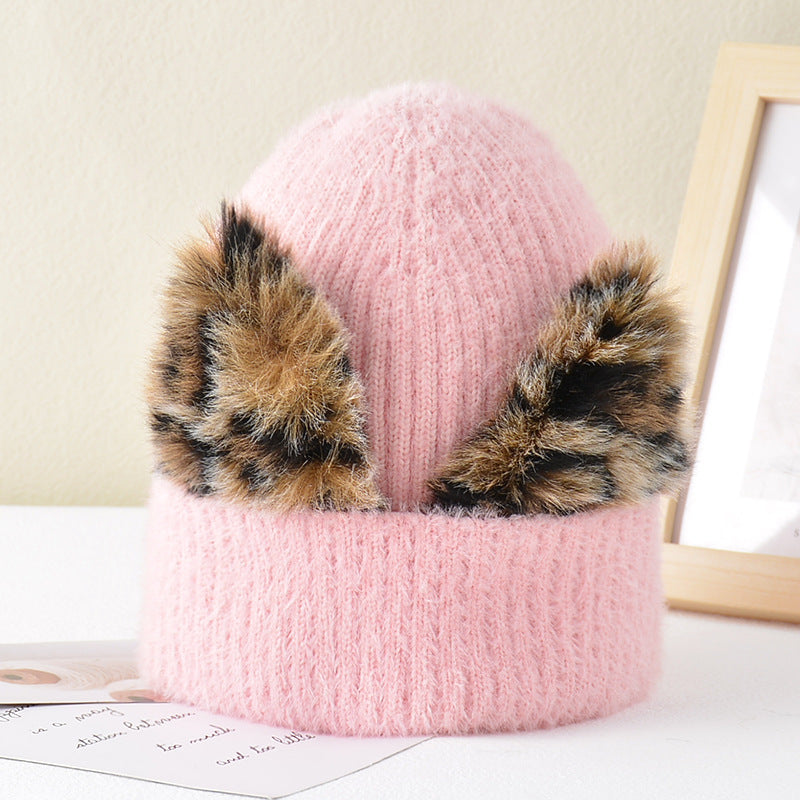 New Leopard Print Cat Ear Stretch Knitted Woolen Hat