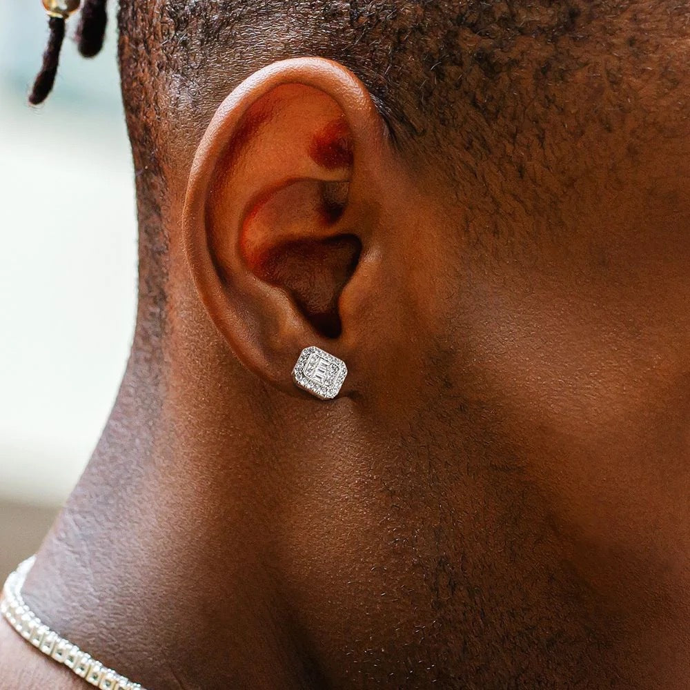 Boucles d'oreilles clous de style hip-hop en cristal pour hommes, style rectangulaire, design occidental