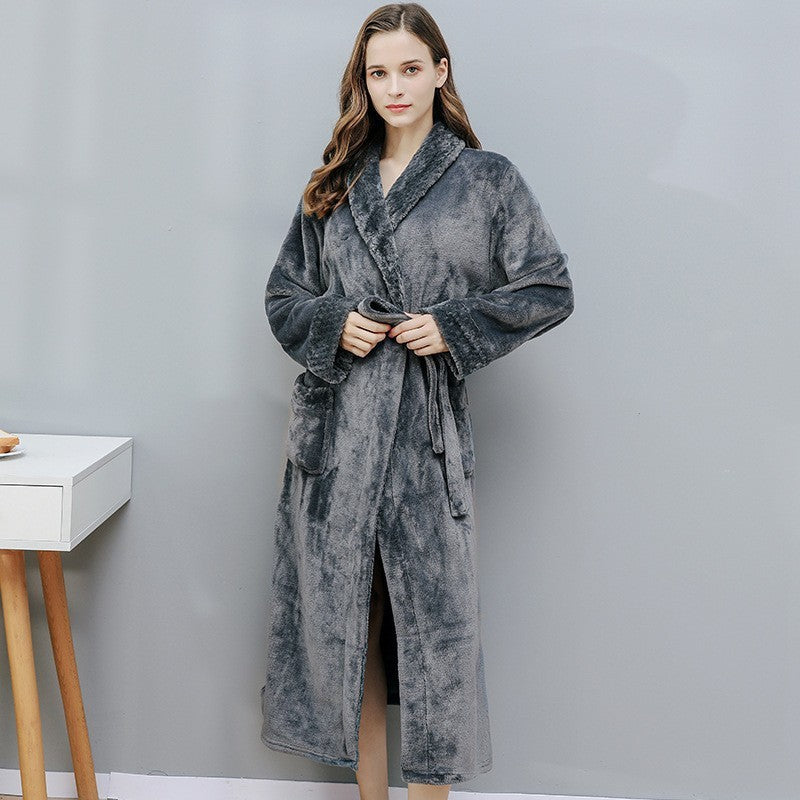 Long Coral Fleece Fleece-lined Thick Bathrobe Flannel Pajamas Homewear