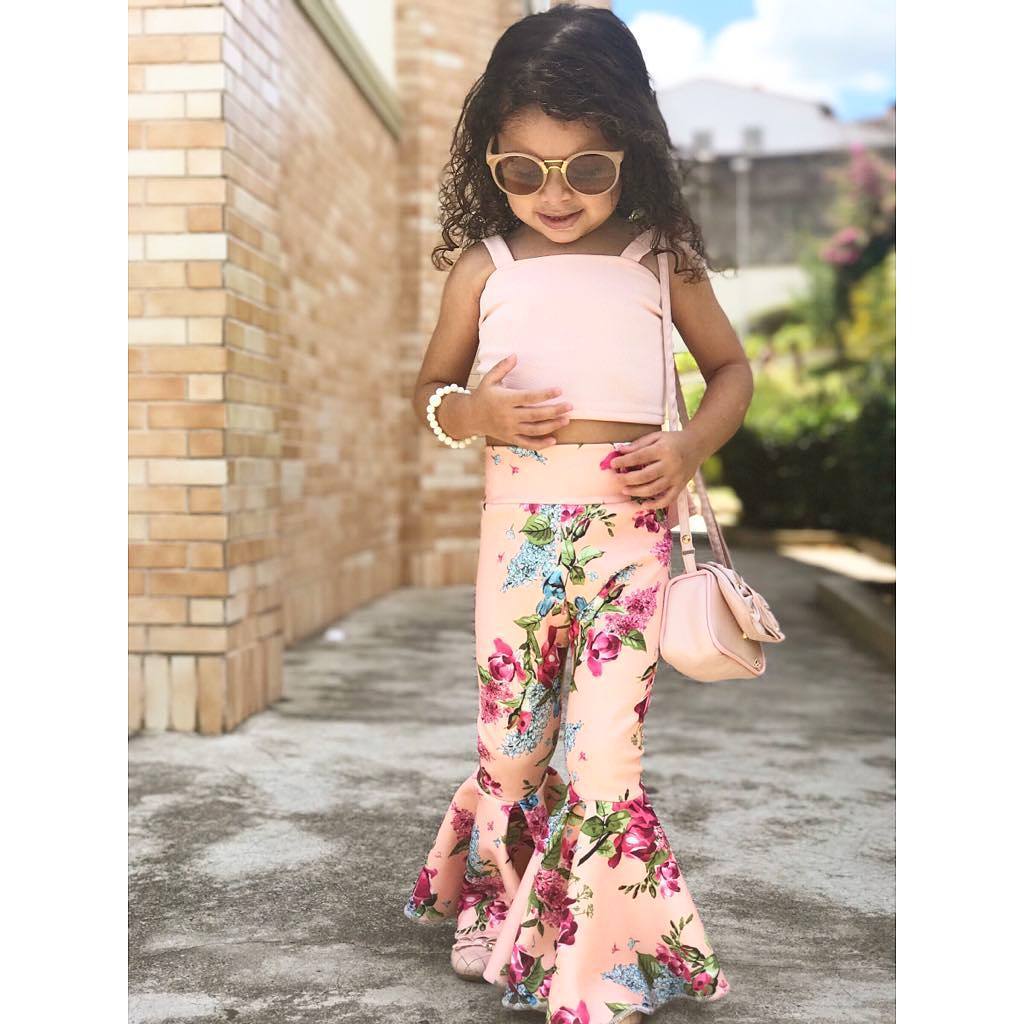 Girls' Cotton Top Printed Flared Trousers Two-Piece Set