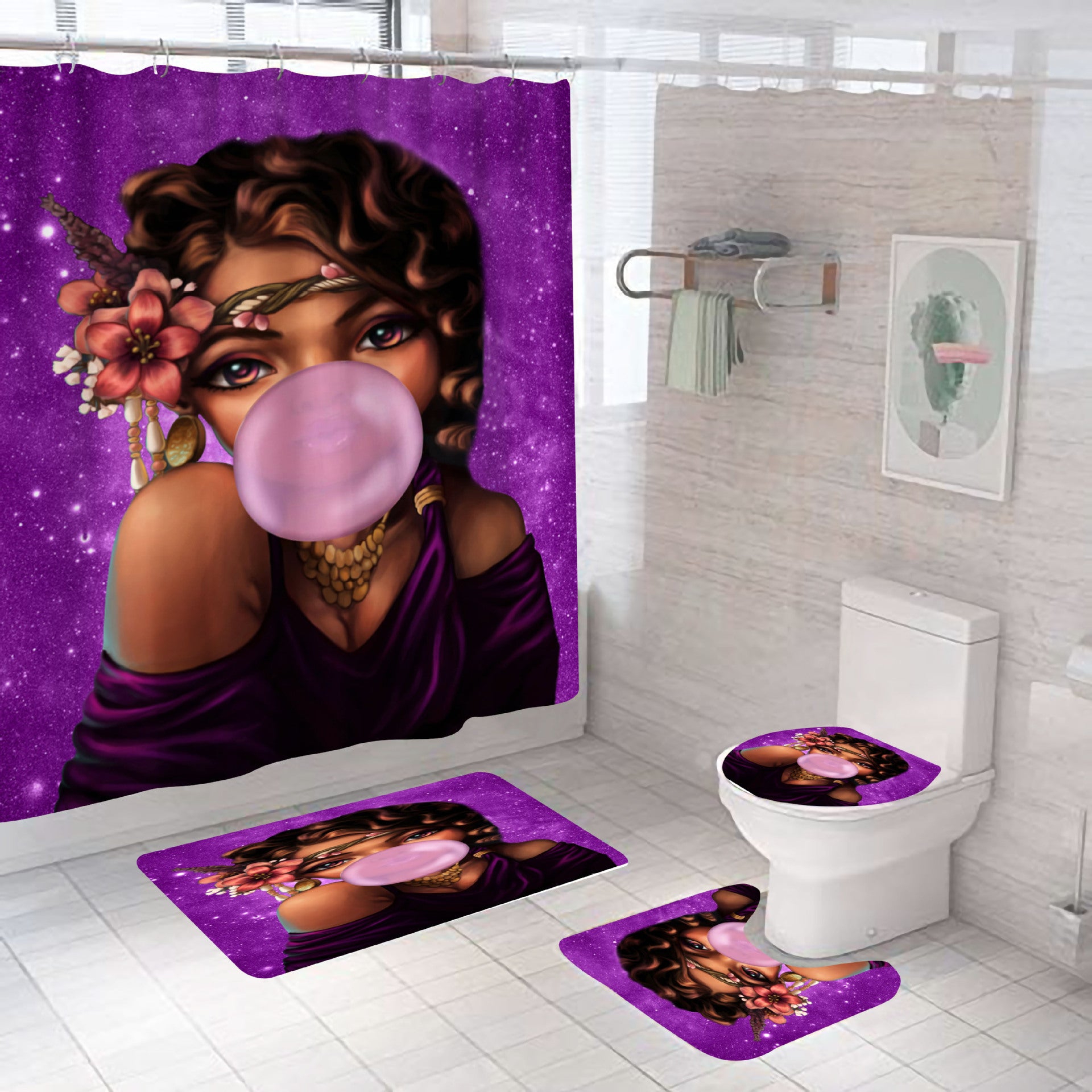 Printed Waterproof Polyester Bathroom Shower Curtain Set