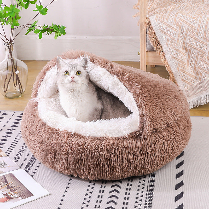 Lit rond semi-fermé en peluche à double usage pour animaux, demi-pack, sommeil profond