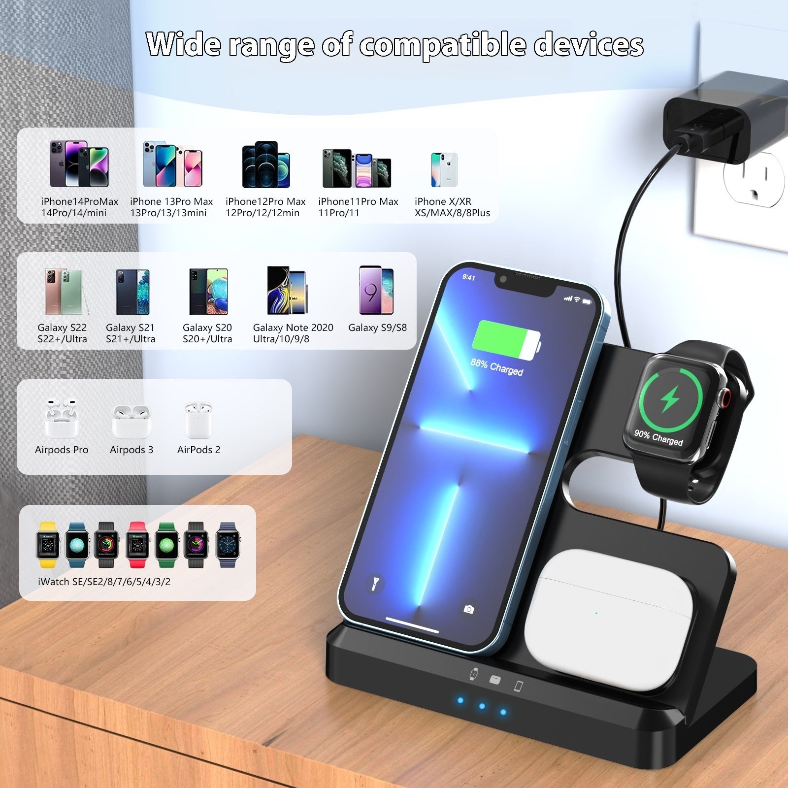 Chargeur sans fil pliable trois-en-un pour téléphone portable, montre et appareils électriques