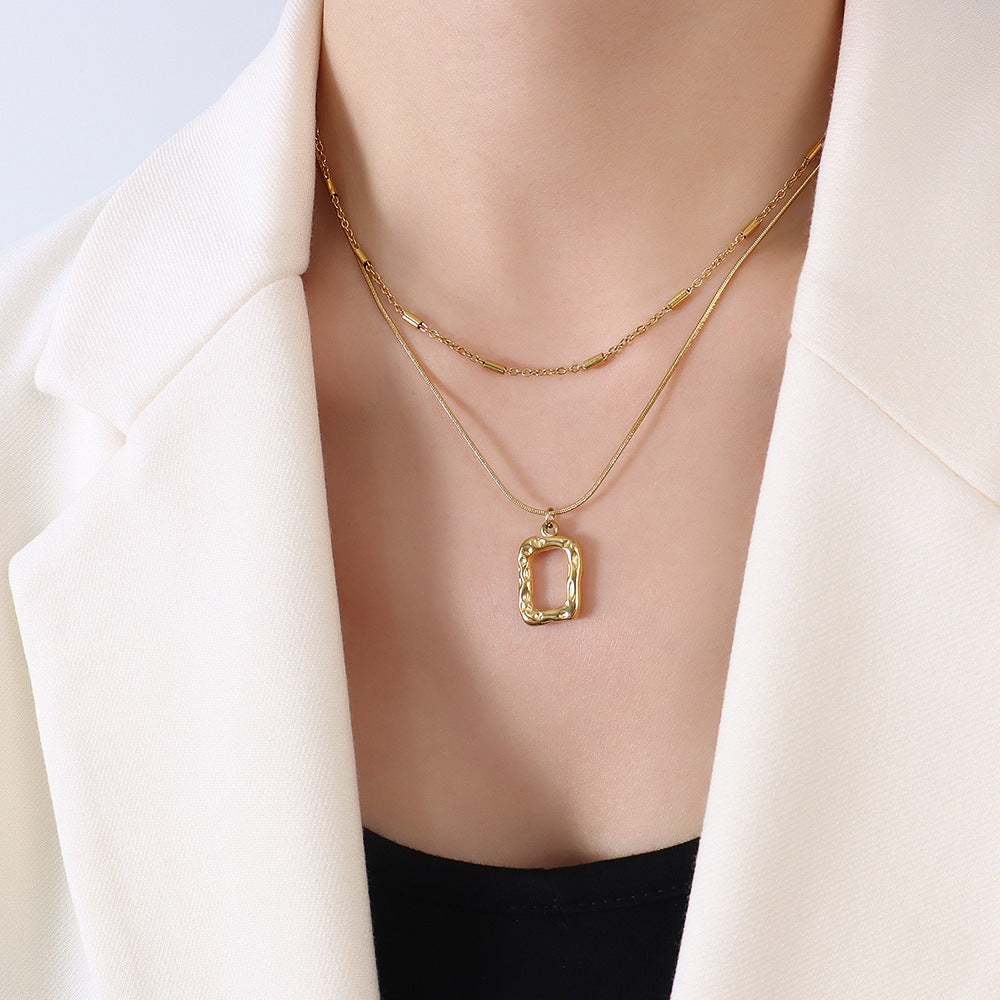 Vintage Titanium Steel 18k Gold Geometric Double-layer Square Clavicle Chain