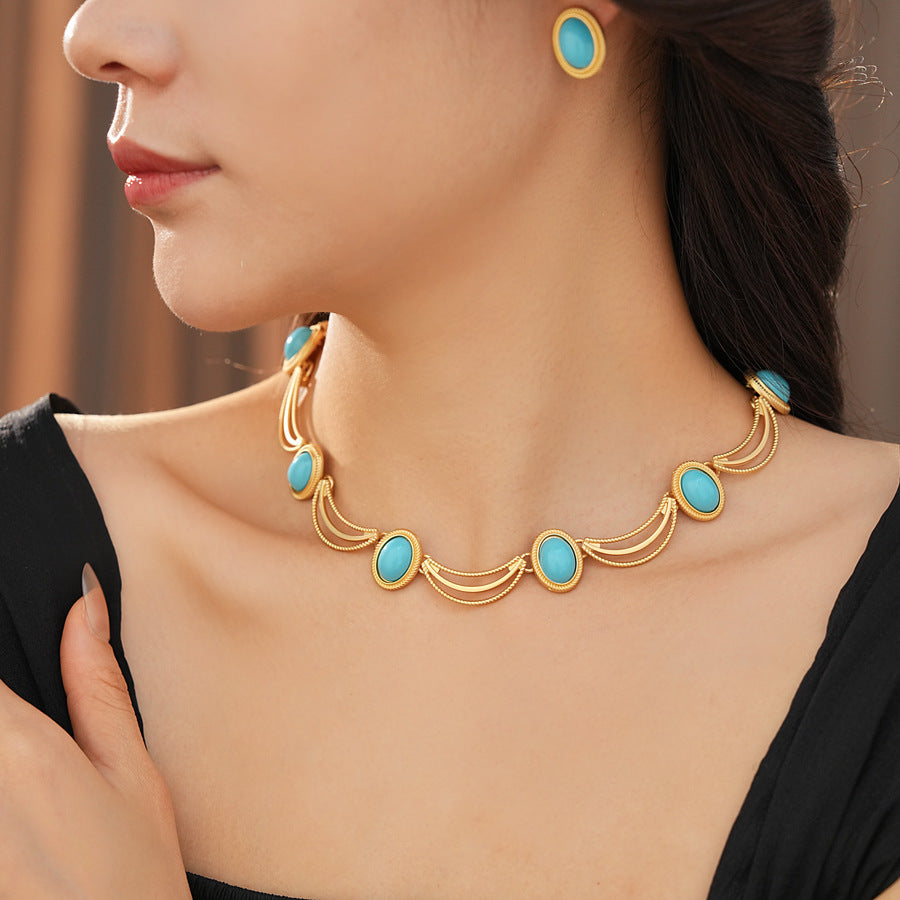 Vintage Gemstone Necklace And Earrings Set Alloy Gem Necklace Sterling Silver Post Stud Earrings Women Is Retro Jewelry