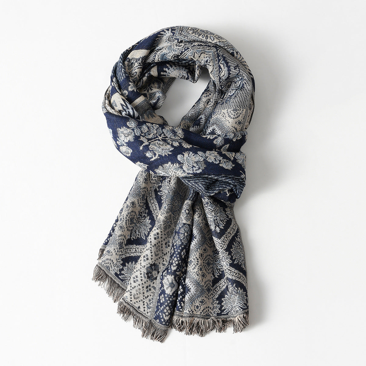 Ethnic Style Casual Men's Cotton Jacquard Scarf Tassel Soft Warm Scarf
