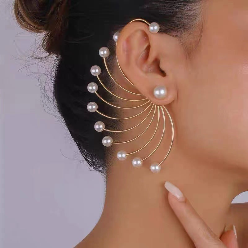 Boucles d'oreilles pendantes fantaisie éventail avec perles artificielles pour femme