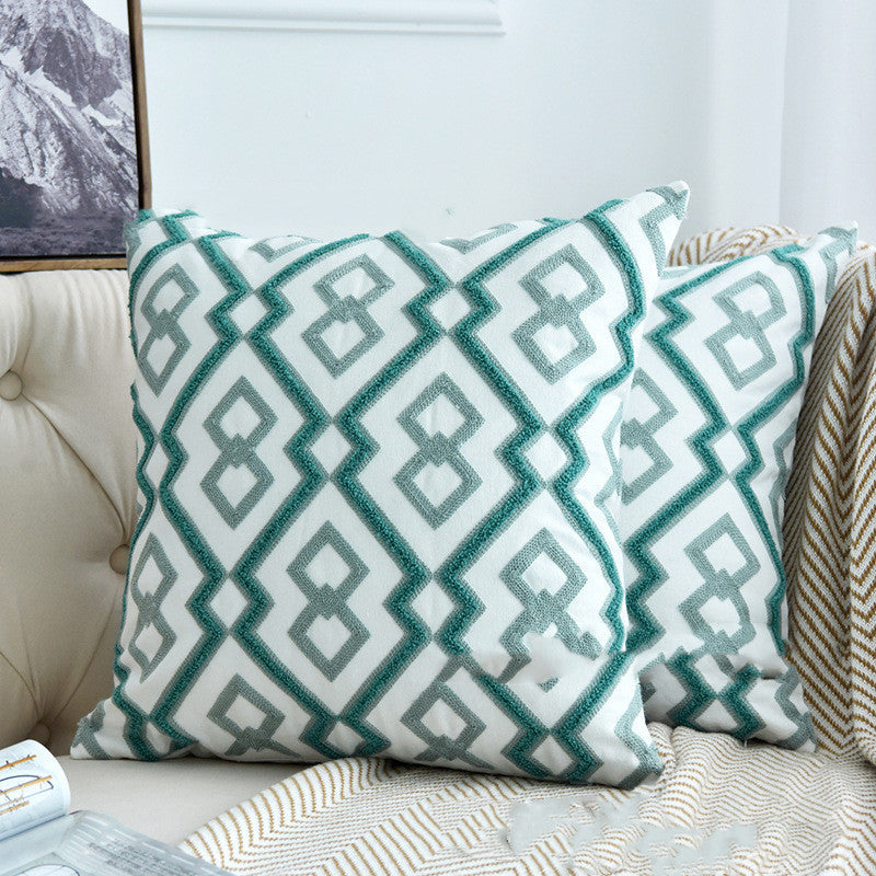 Lake Water Green Color Cotton Canvas Embroidery Geometric Wool Embroidery Sofa Pillow Cases