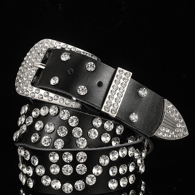 White Women's Leather Belt With Diamonds