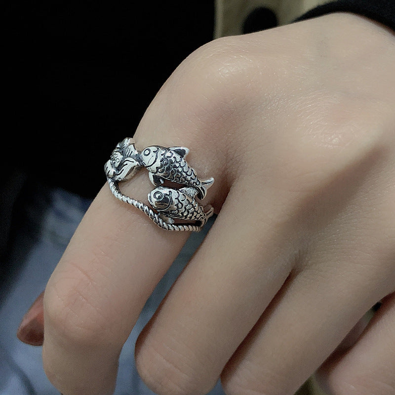 Ethnic Style Lucky Koi Lotus Hollow Personality Ring Female