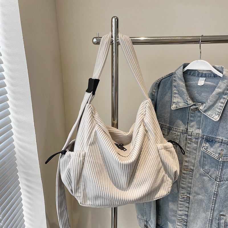 Sac bandoulière simple grande capacité en velours côtelé pour femmes