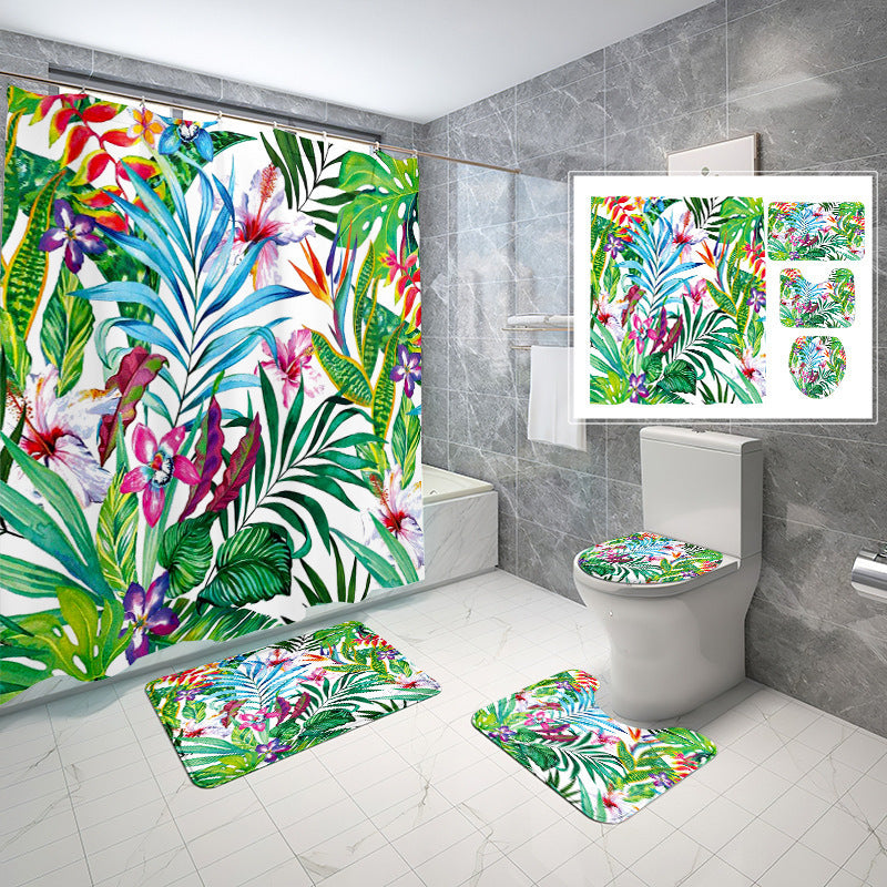 Natural Wind Leaves Printing Toilet Waterproof Shower Curtain Non-slip Floor Mat