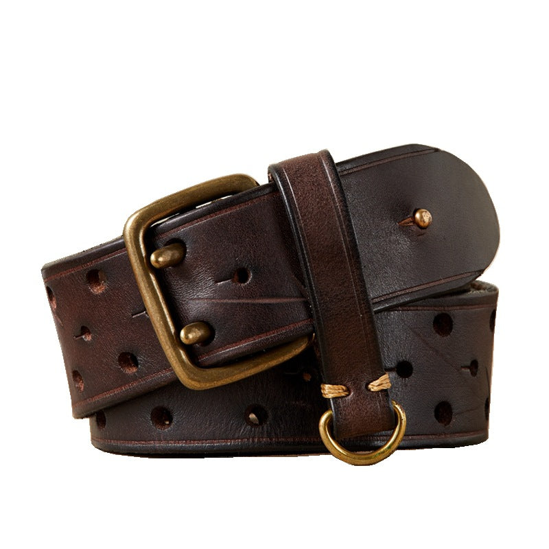Double Needle Copper Buckle Men's Belt Retro Head Layer Pure Cowhide