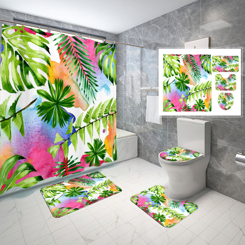 Natural Wind Leaves Printing Toilet Waterproof Shower Curtain Non-slip Floor Mat