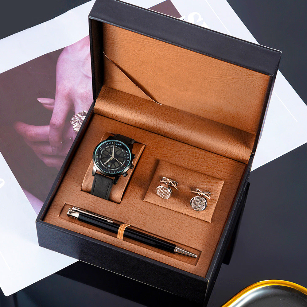 Coffret cadeau pour hommes 3 pièces avec montre sport rétro, calendrier, montre à quartz, stylo et boutons de manchette