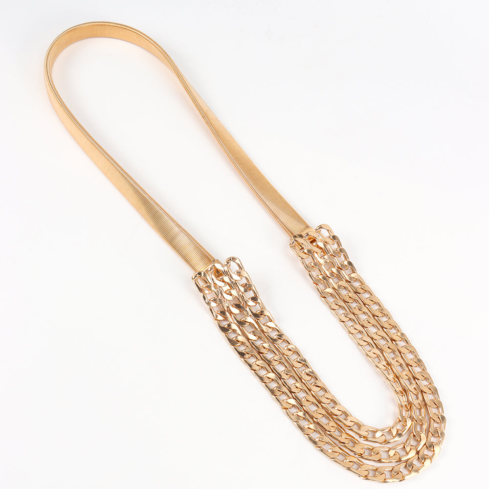 Ceinture-chaîne triple couche polyvalente et élastique, dorée, pour femme, à porter avec une robe.