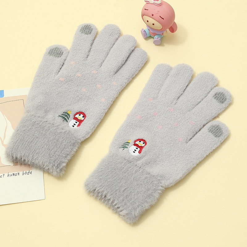Padded And Thickened Warm Snowman Embroidered Touch Screen Gloves