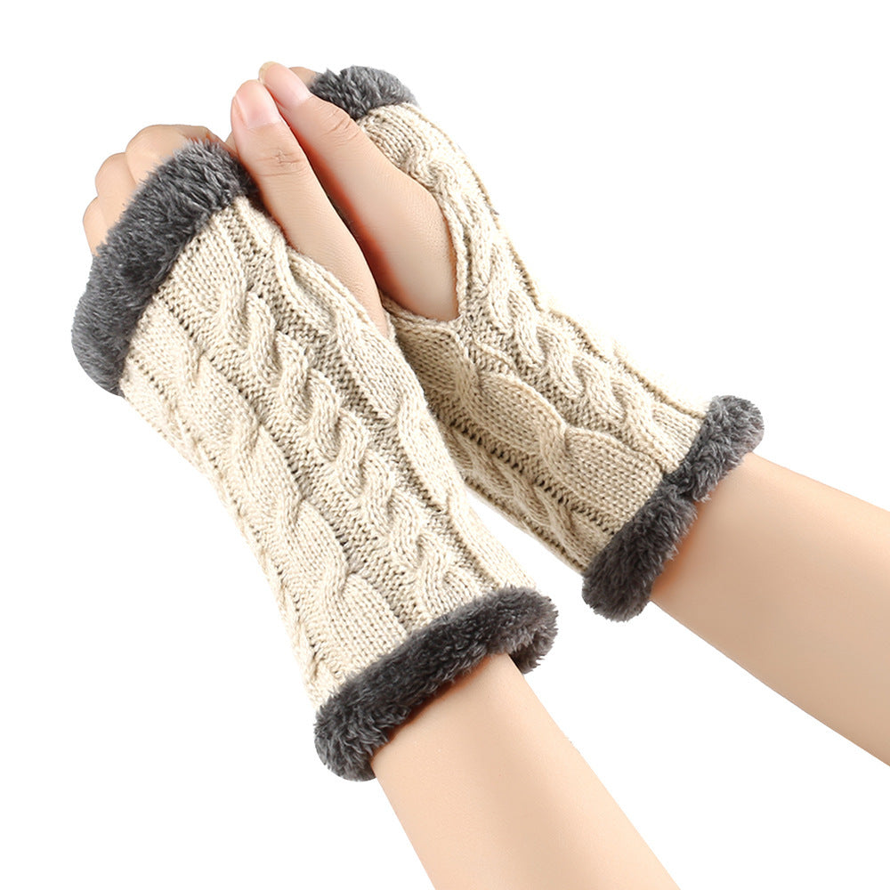 Gants en peluche d'hiver, tricot torsadé, mitaines sans doigts en polaire pour femmes, gants en laine épaisse et chaude