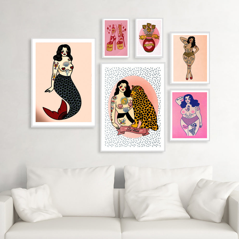 Leopard Girl Feminism Mermaid Vintage Wall Art Canvas Painting Decor