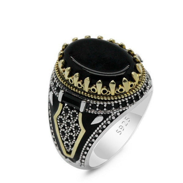 Bague en Pierre d'Agate Noire Naturelle Bague pour Homme en Argent 925