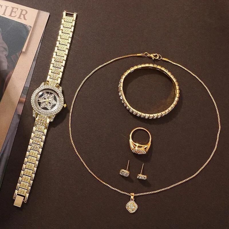 Montre Motif Flocon de Neige Luxe Entièrement Strass Bijoux Ensemble Cinq Pièces