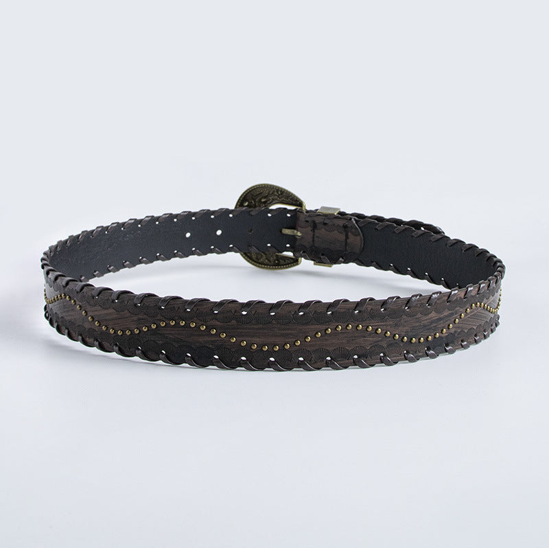 Ceinture marron gaufrée à rivets et surpiqûres vieillies pour femme