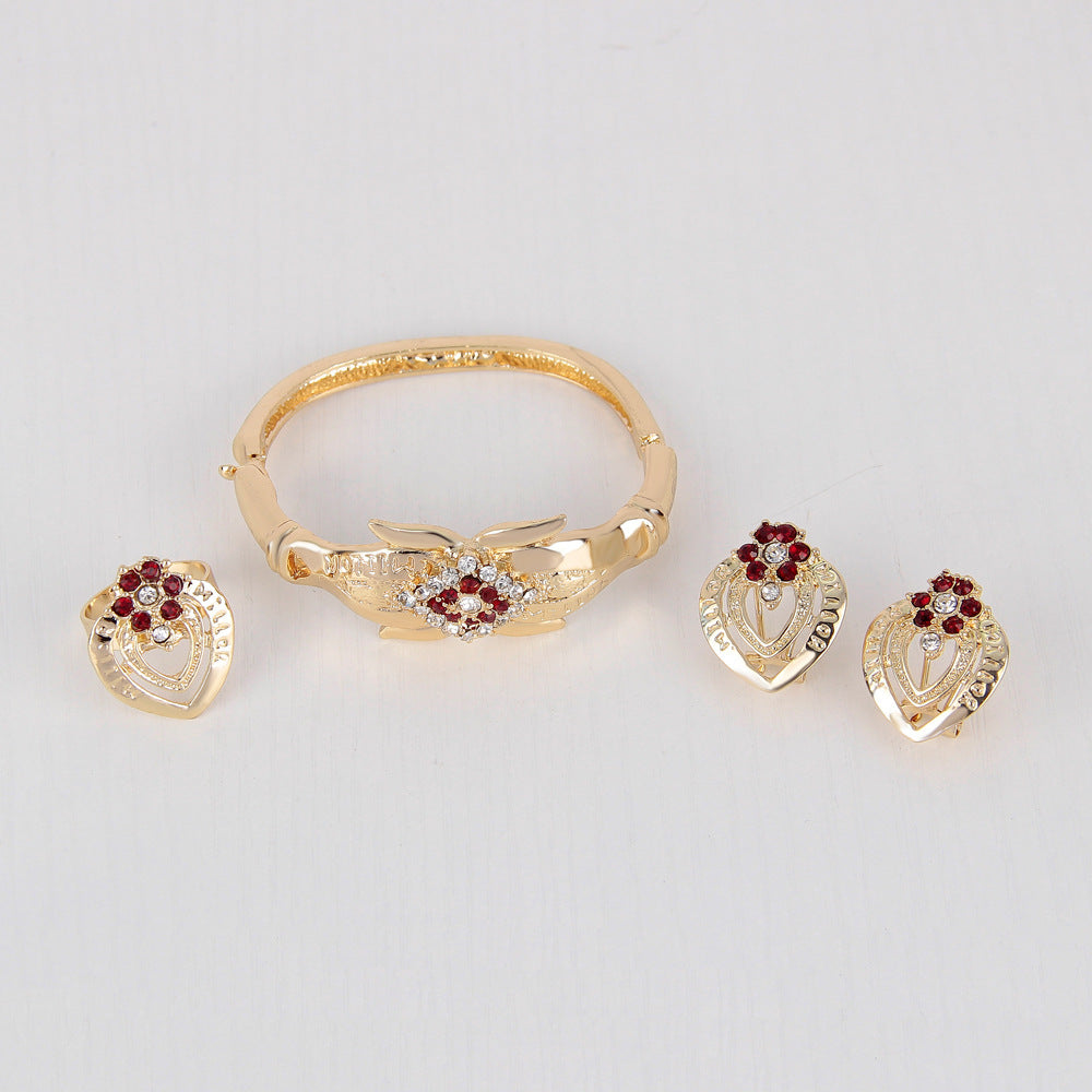 European And American Exaggerated Alloy Necklace And Earrings Ring Bracelet Four-piece Set