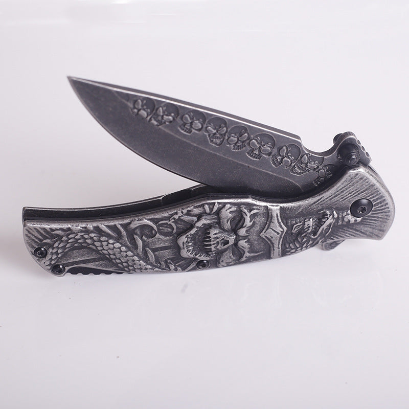 Handmade Steel Handle Embossed High Hardness Folding Outdoor Knife