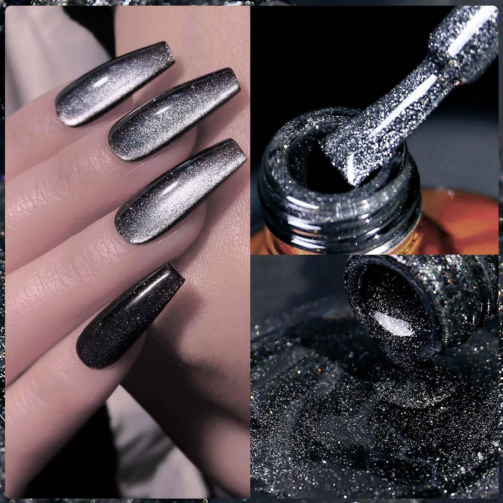 Vernis à ongles œil-de-chat noir intense, style fée sombre étincelant