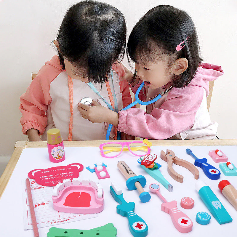 Wooden Children's Simulation Play House Doctor Toy Suit Girl Injection Teeth Medicine Kit Tool Box Stall