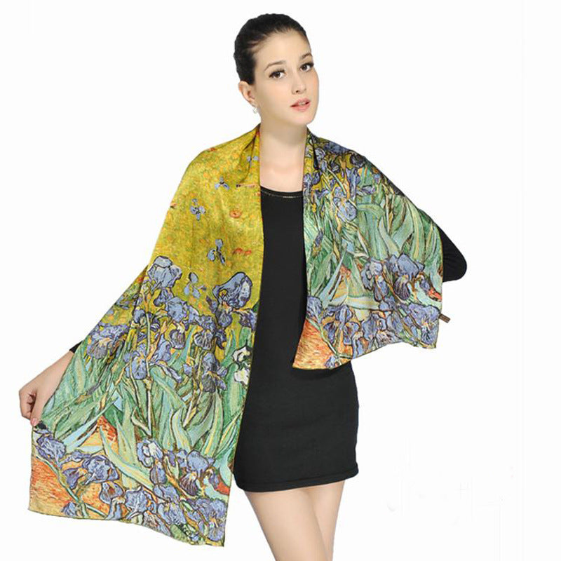 Woman wearing a colorful scarf with floral pattern on a white background