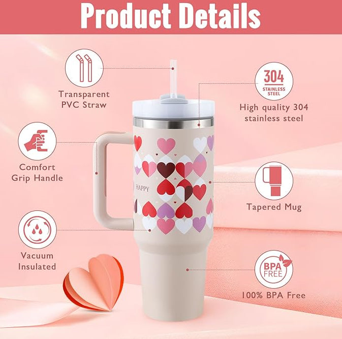 Gobelet isotherme 1,2 L avec poignée et paille, en acier inoxydable, anti-déversement, tasse à café isotherme sous vide avec couvercle, mug conique, cadeaux pour la Saint-Valentin, convient pour la voiture, la salle de sport, le bureau, les voyages