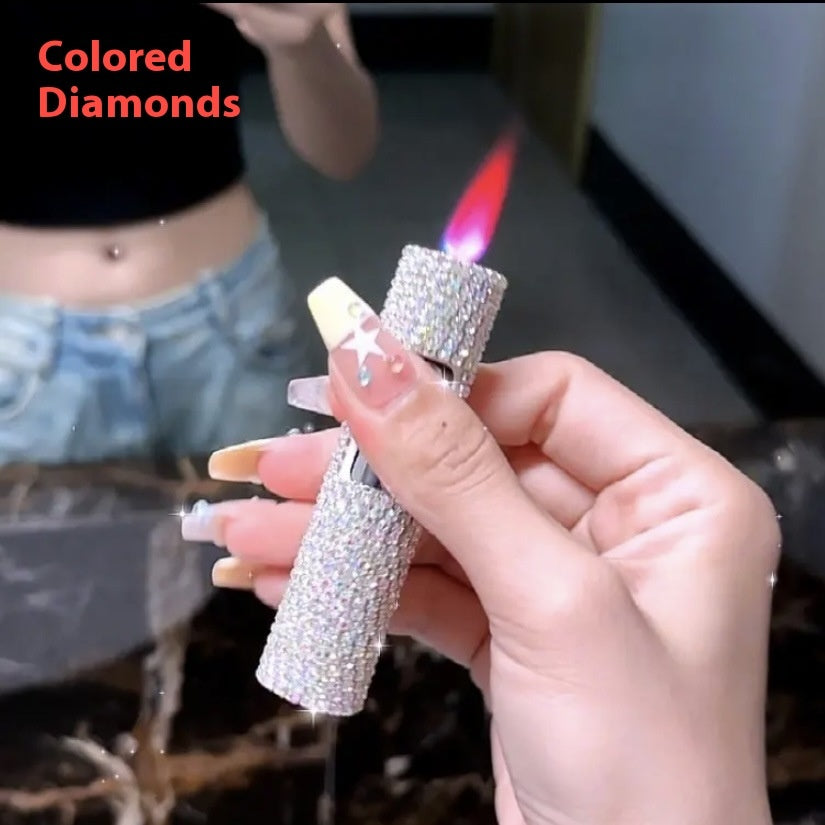 Rhinestone Cylinder Press Flame Windproof Gas Lighters